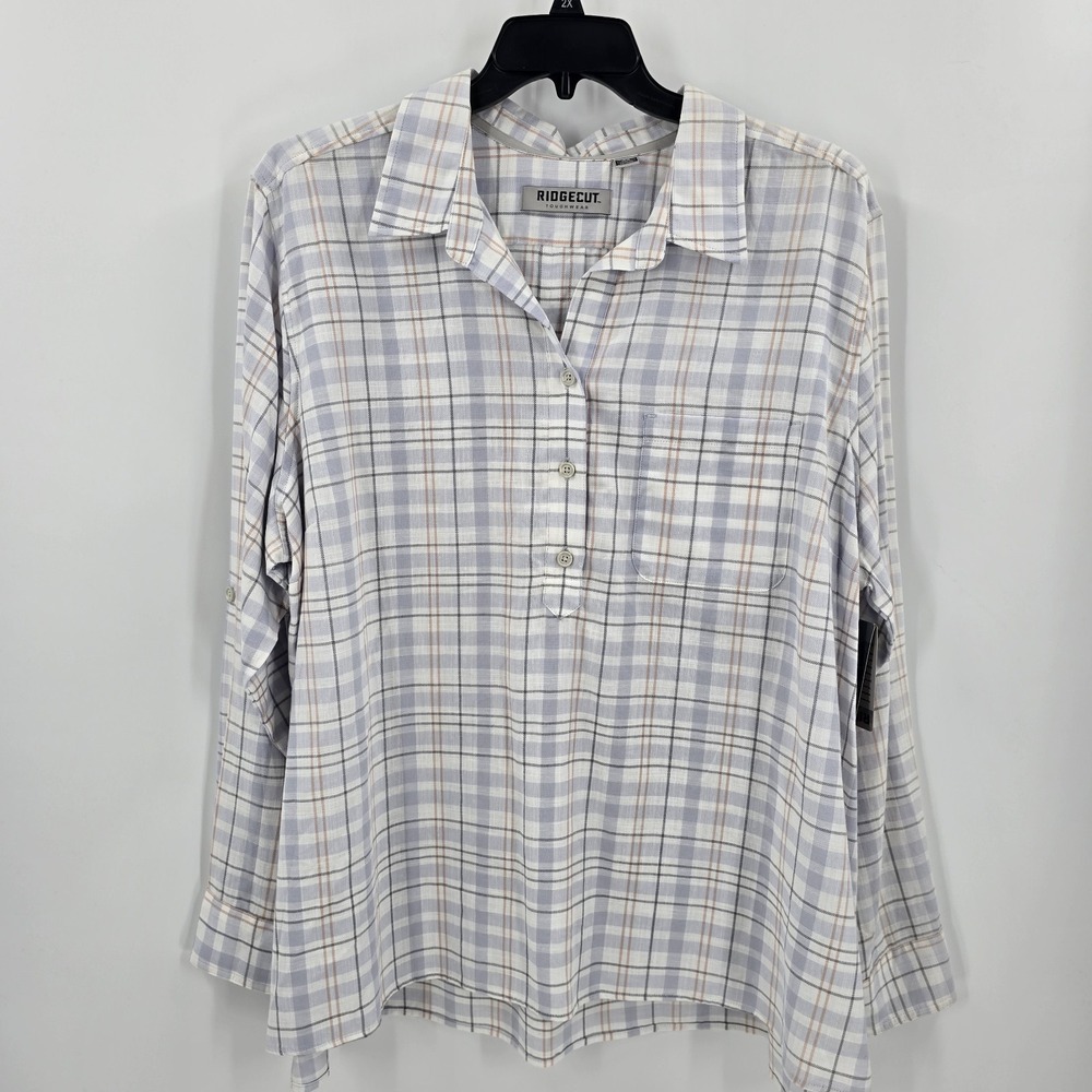 Ridgecut Weekend Popover Shirt Womens 2XL Peach Blue Plaid New